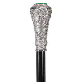 Scratch and Dent Silver 925r Knob Handle Walking Cane w/ Black Beechwood Shaft and Green Stone Pillbox V2080