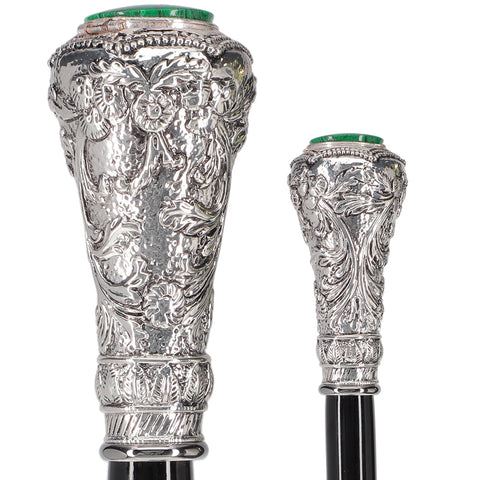 Scratch and Dent Silver 925r Knob Handle Walking Cane w/ Black Beechwood Shaft and Green Stone Pillbox V2080