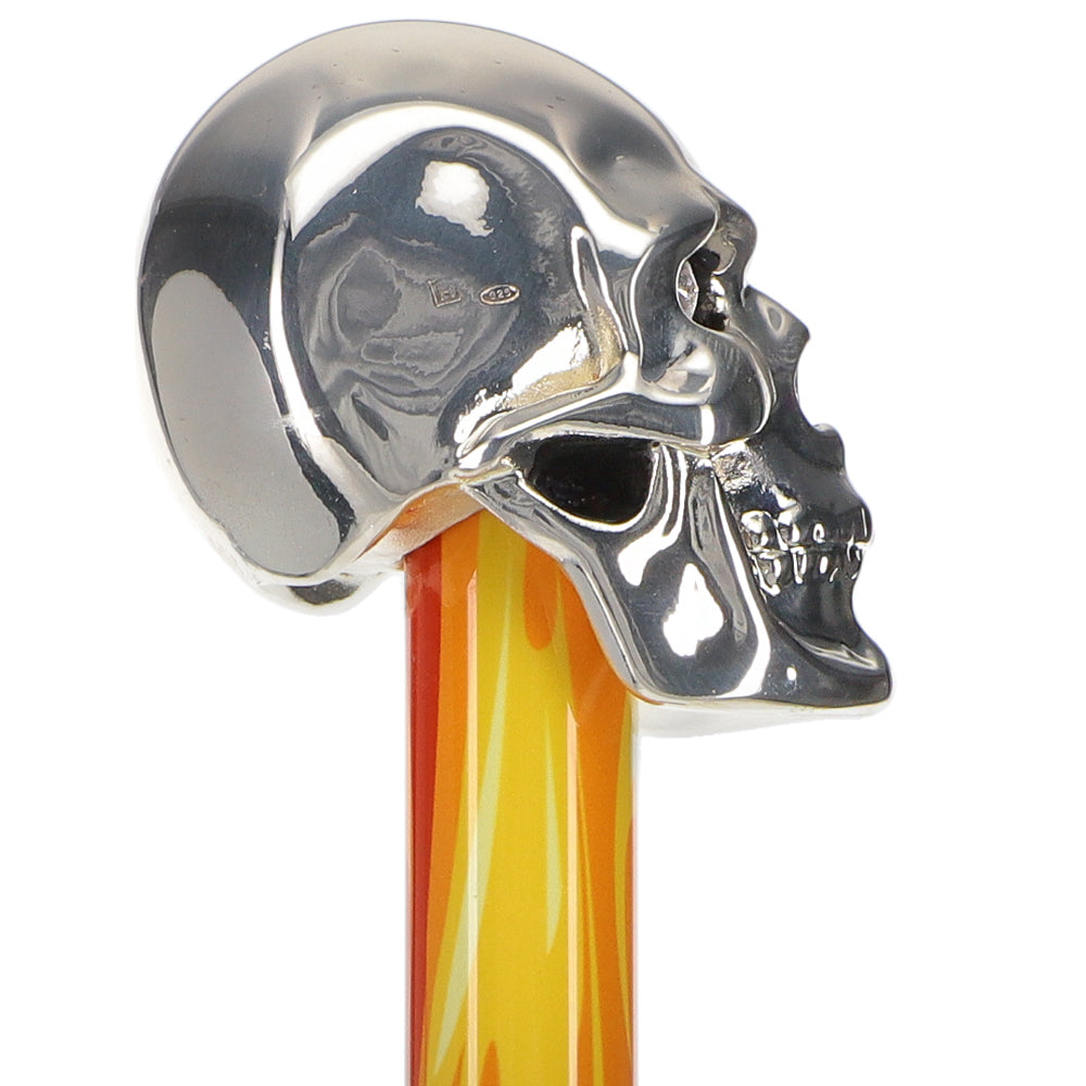 Silver 925r Skull Walking Stick With Swarovski Crystal Eyes Flame Shaft