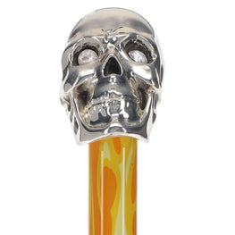 Silver 925r Skull Walking Stick With Swarovski Crystal Eyes Flame Shaft