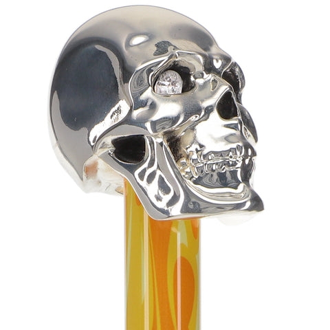 Scratch and Dent Silver 925r Skull Walking Stick With Swarovski Crystal Eyes Flame Shaft V1833