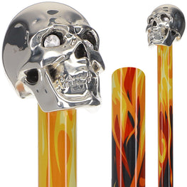 Scratch and Dent Silver 925r Skull Walking Stick With Swarovski Crystal Eyes Flame Shaft V1834