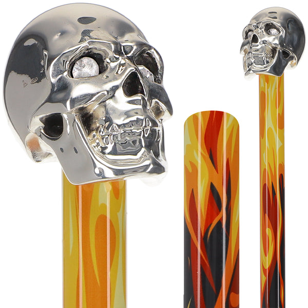 Silver 925r Skull Walking Stick With Swarovski Crystal Eyes Flame Shaft