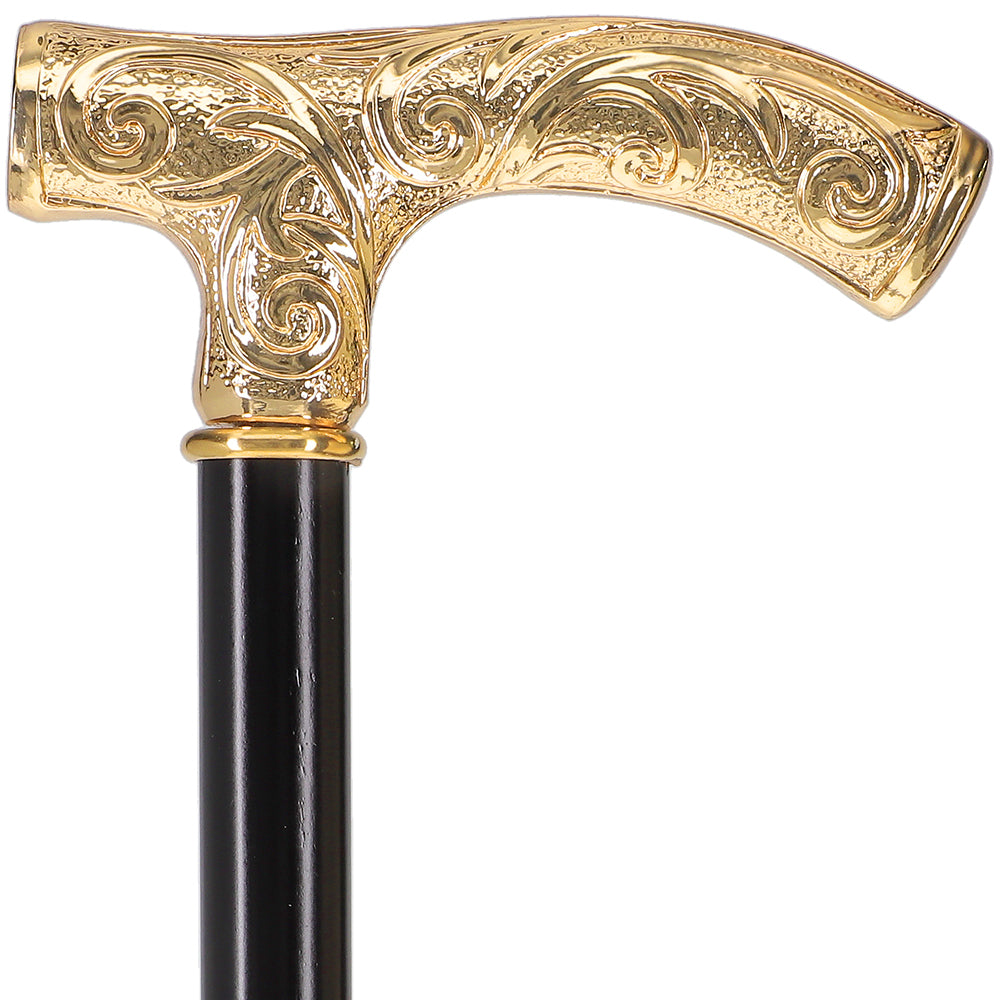 24K Gold Plated Embossed Fritz Handle Walking Cane with Black Beechwood Shaft and Collar