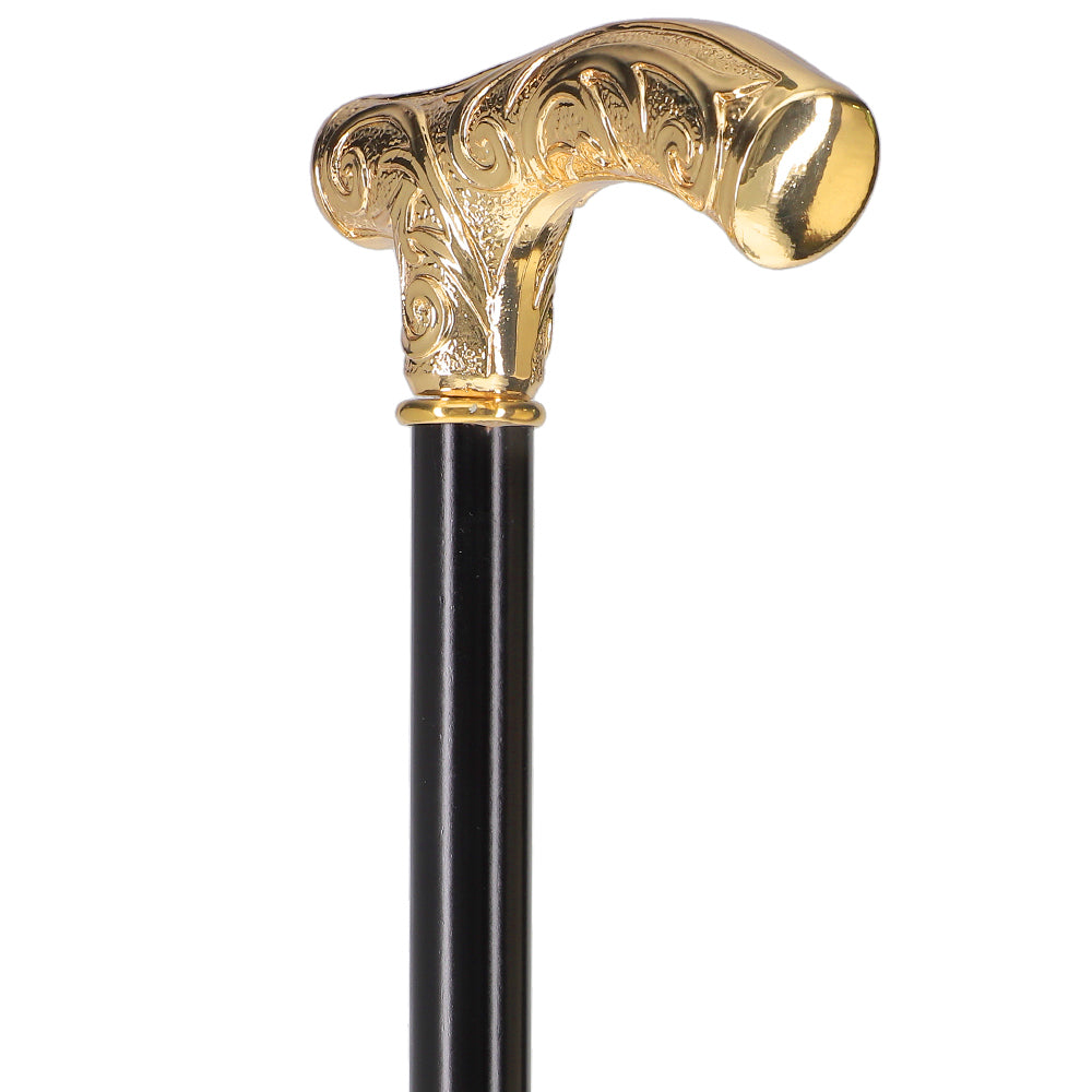 24K Gold Plated Embossed Fritz Handle Walking Cane with Black Beechwood Shaft and Collar