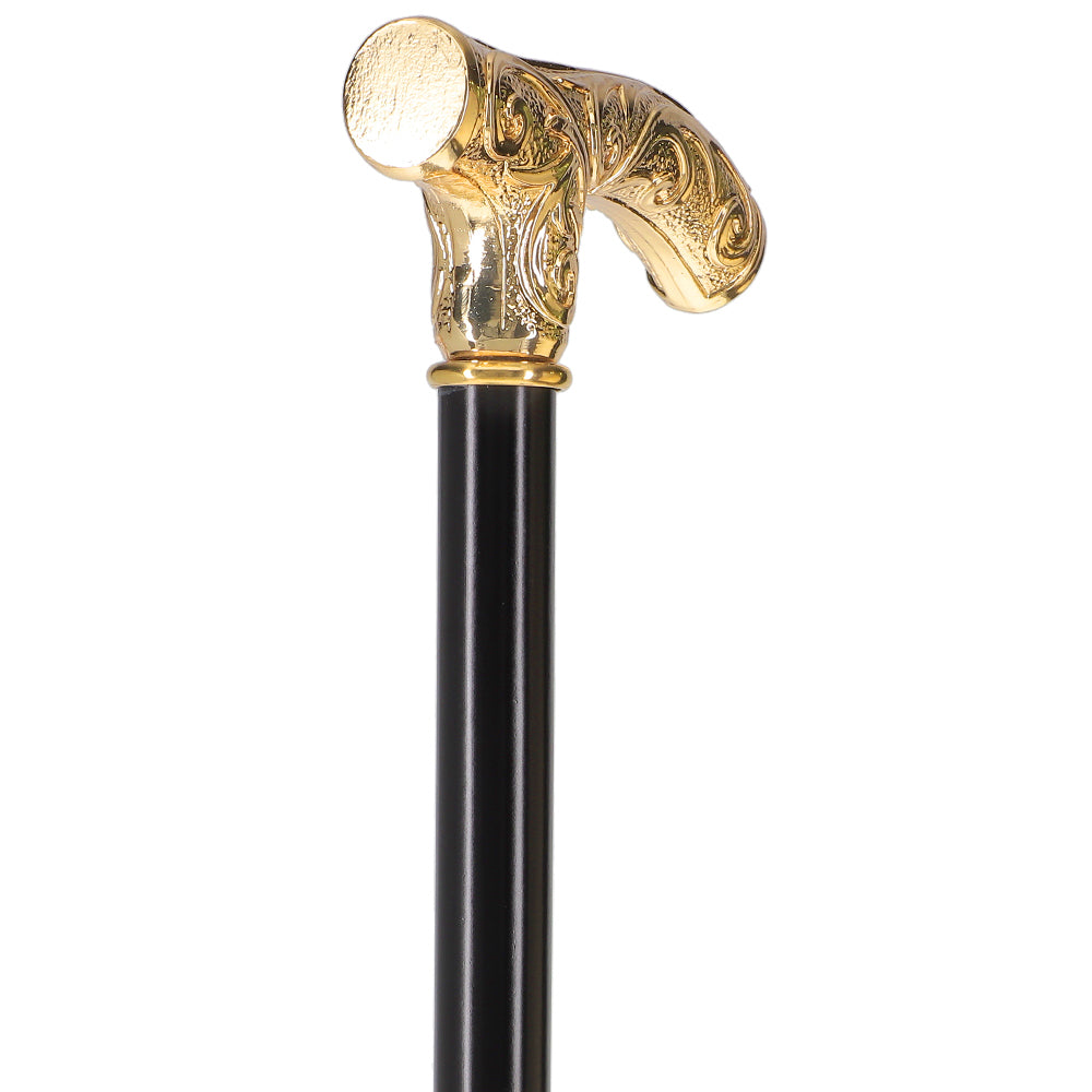 24K Gold Plated Embossed Fritz Handle Walking Cane with Black Beechwood Shaft and Collar