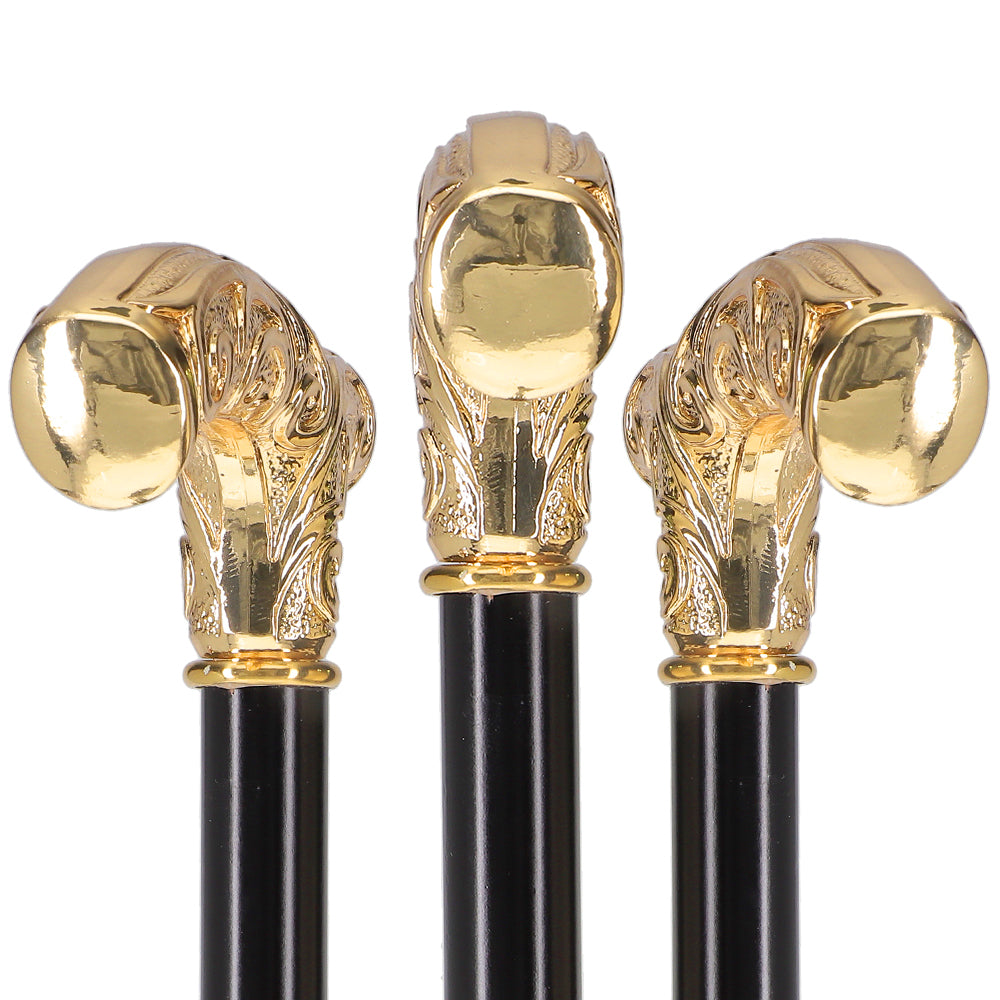 24K Gold Plated Embossed Fritz Handle Walking Cane with Black Beechwood Shaft and Collar