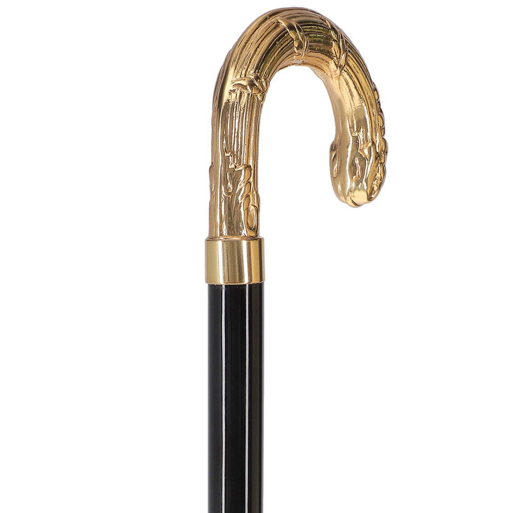 24K Gold Plated Ribbed Wheat Tourist Handle Walking Cane with Black Beechwood Shaft and Collar