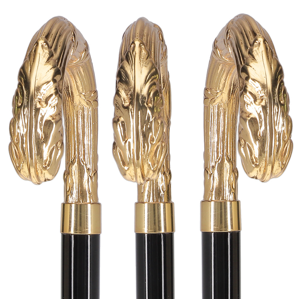 24K Gold Plated Ribbed Wheat Tourist Handle Walking Cane with Black Beechwood Shaft and Collar