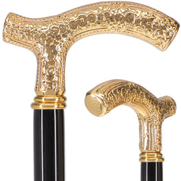 24K Gold Plated Petite Embossed Fritz Handle Walking Cane with Black Beechwood Shaft and Collar