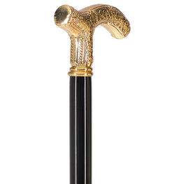 24K Gold Plated Petite Embossed Fritz Handle Walking Cane with Black Beechwood Shaft and Collar