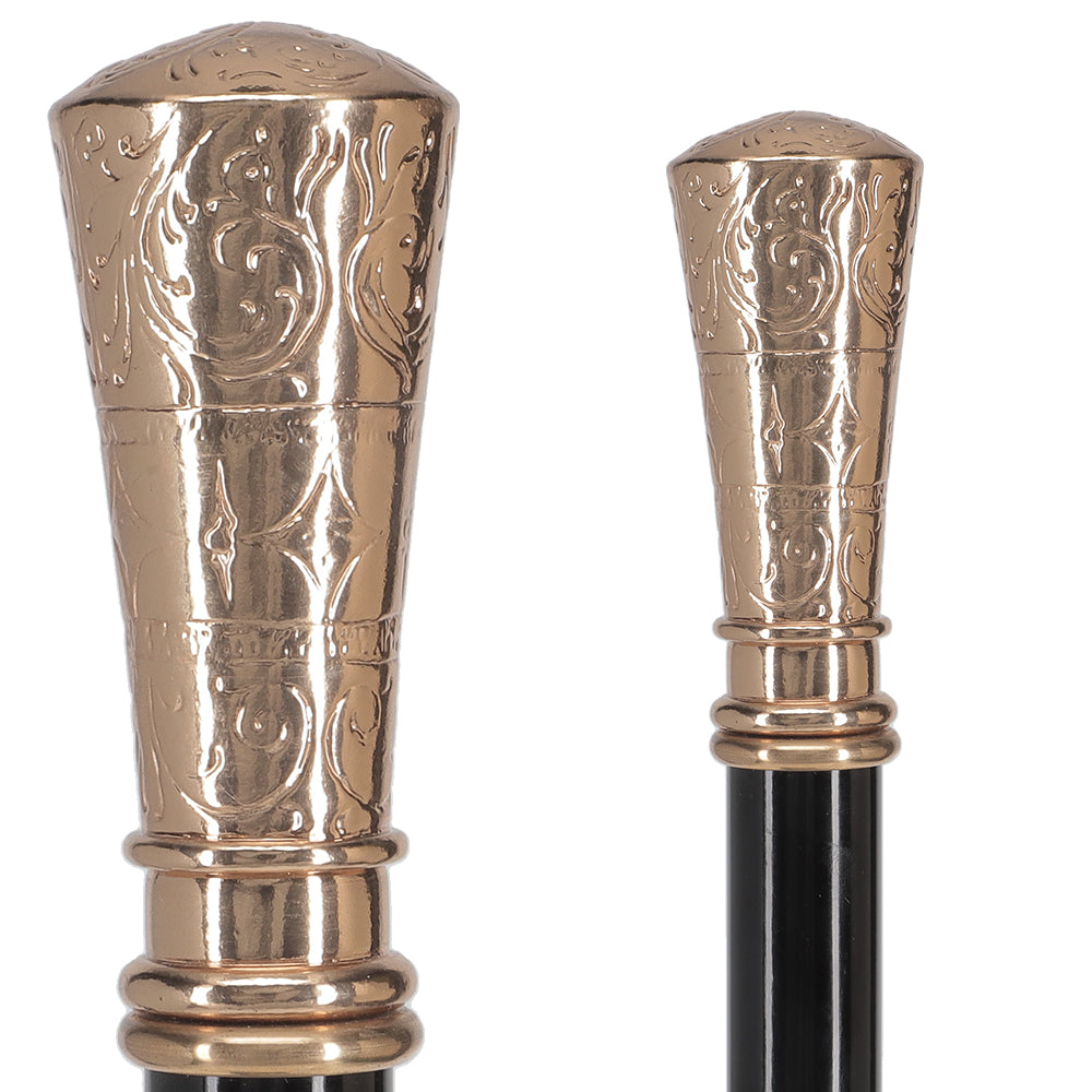 Gold Plated Petite Embossed Knob Handle Walking Cane w/ Black Beechwood Shaft & Collar