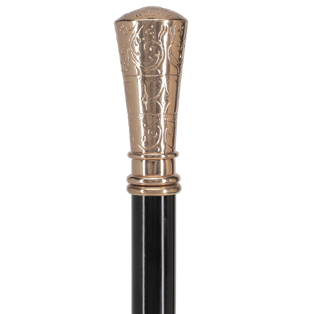 Gold Plated Petite Embossed Knob Handle Walking Cane w/ Black Beechwood Shaft & Collar