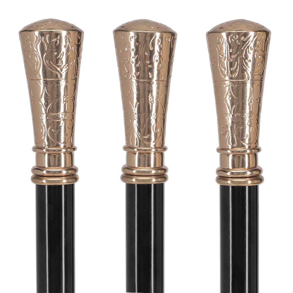 Gold Plated Petite Embossed Knob Handle Walking Cane w/ Black Beechwood Shaft & Collar