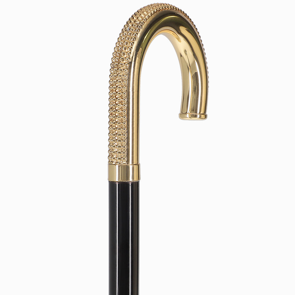 24K Gold Plated Lustrous Tourist Walking Cane w/ Black Beechwood Shaft & Collar