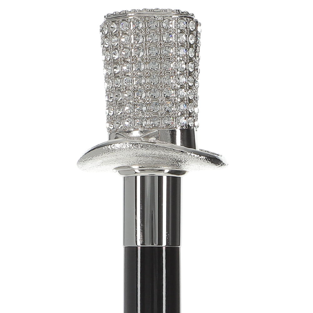 Silver 925r Top Hat - Swarovski Elements Walking Cane w/ Black Beechwood Shaft