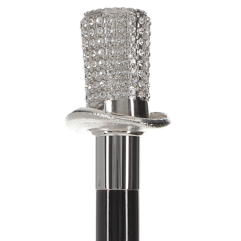 Silver 925r Top Hat - Swarovski Elements Walking Cane w/ Black Beechwood Shaft