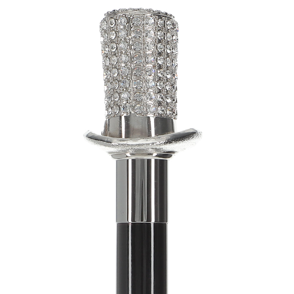 Silver 925r Top Hat - Swarovski Elements Walking Cane w/ Black Beechwood Shaft
