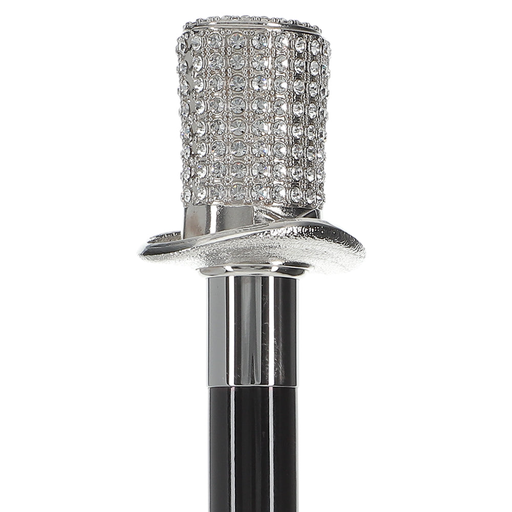 Silver 925r Top Hat - Swarovski Elements Walking Cane w/ Black Beechwood Shaft