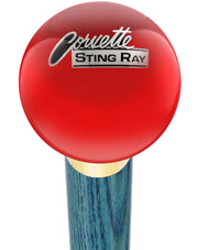 Licensed Corvette Sting Ray Vintage Emblem Red Round Knob Cane w/ Custom Color Ash Shaft & Collar