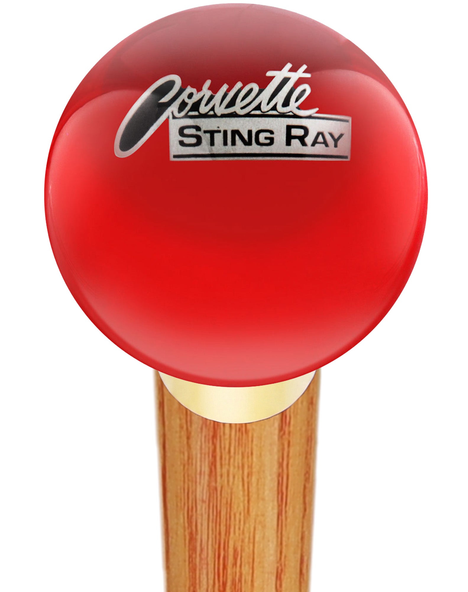 Licensed Corvette Sting Ray Vintage Emblem Red Round Knob Cane w/ Custom Color Ash Shaft & Collar