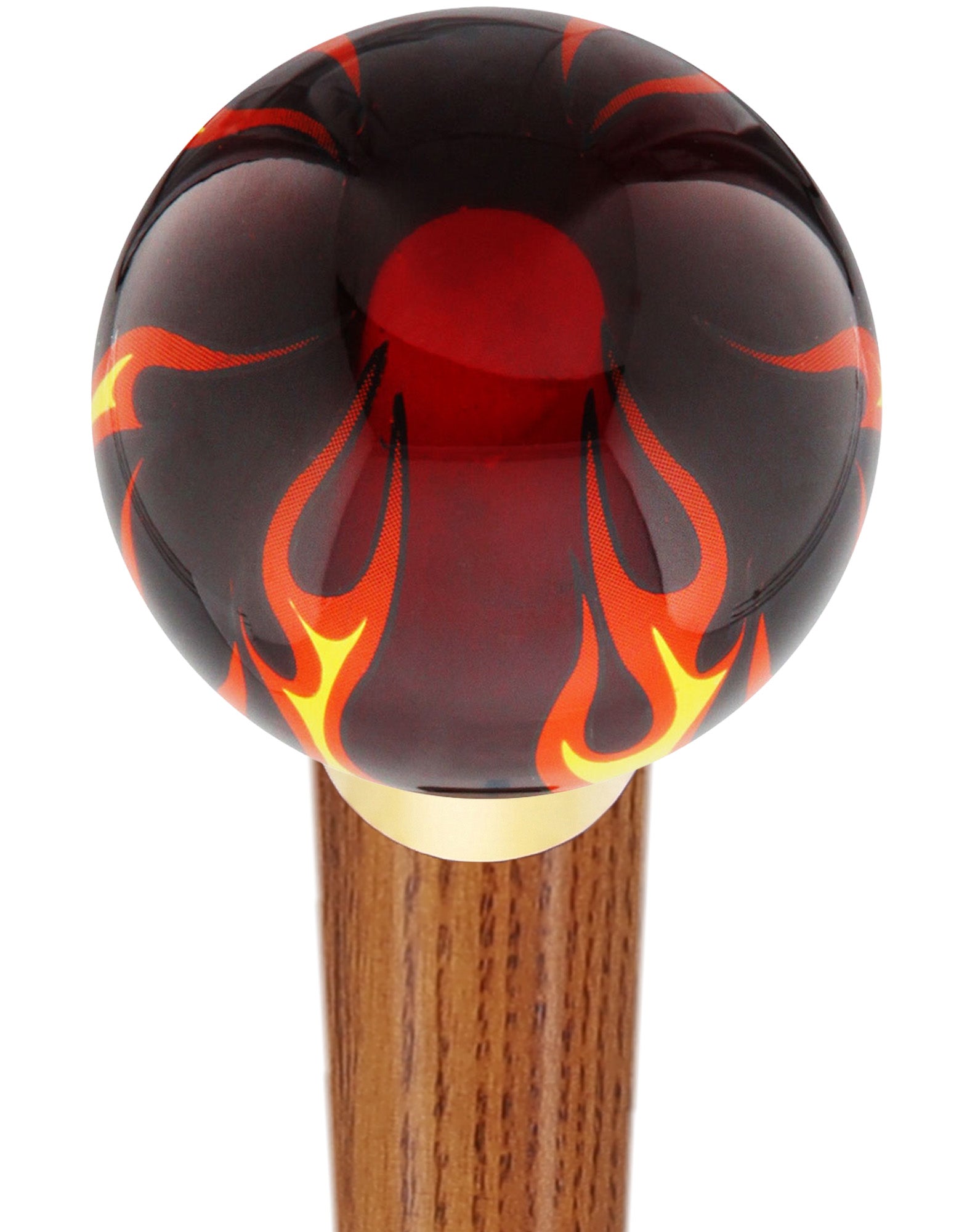Burst of Flames Red Transparent Round Knob Cane w/ Custom Wood Shaft & Collar