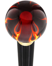 Burst of Flames Red Transparent Round Knob Cane w/ Custom Wood Shaft & Collar