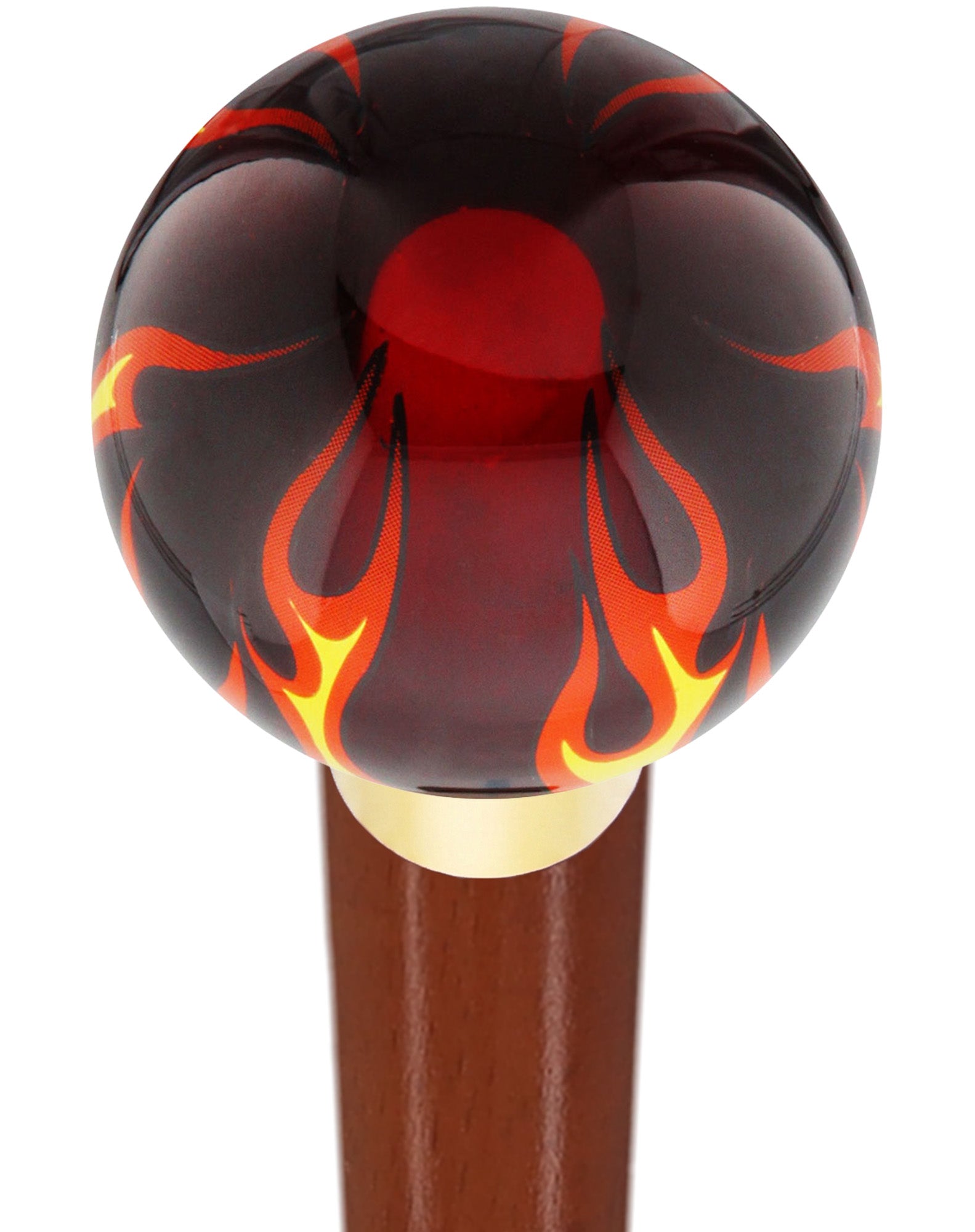 Burst of Flames Red Transparent Round Knob Cane w/ Custom Wood Shaft & Collar