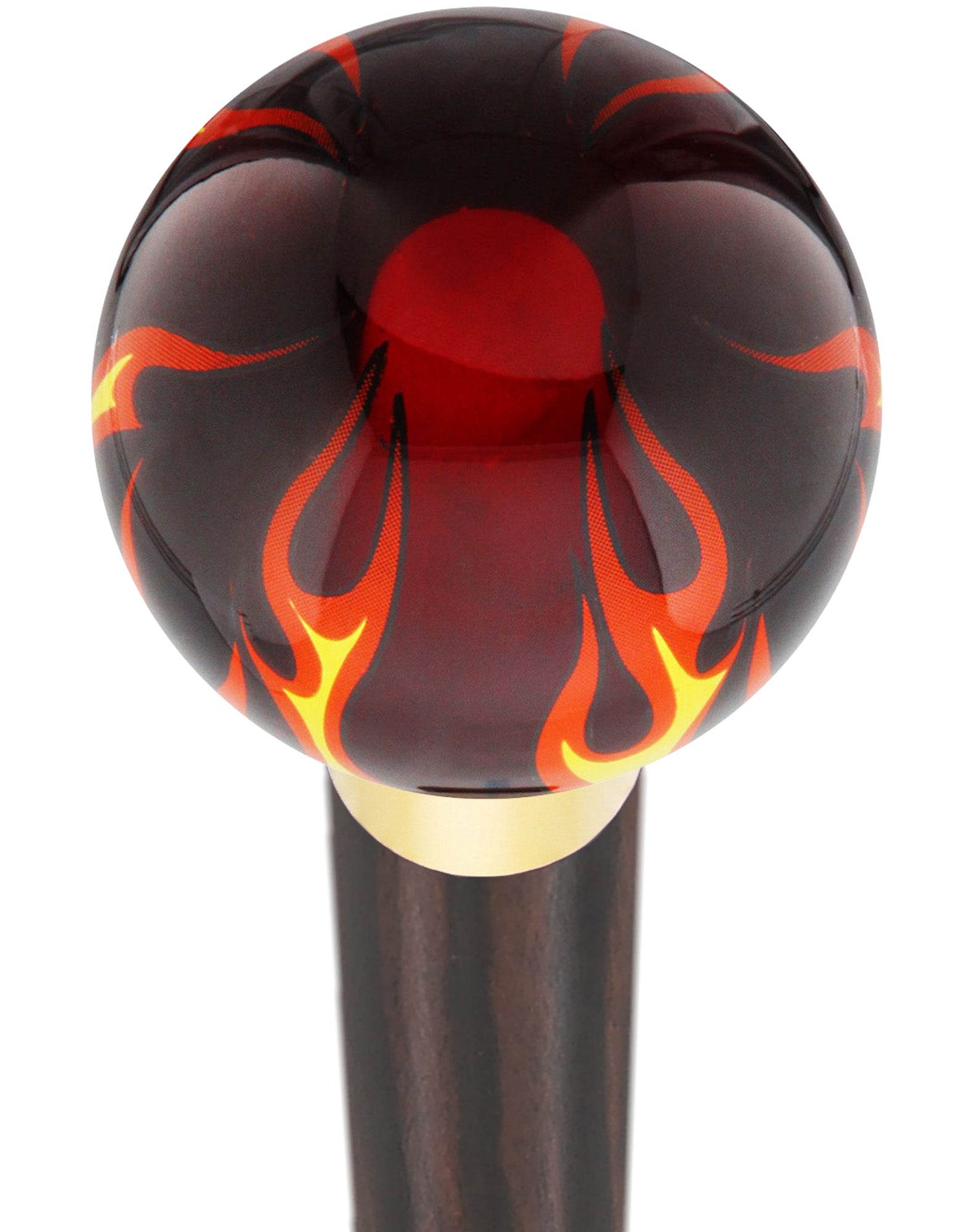 Burst of Flames Red Transparent Round Knob Cane w/ Custom Wood Shaft & Collar