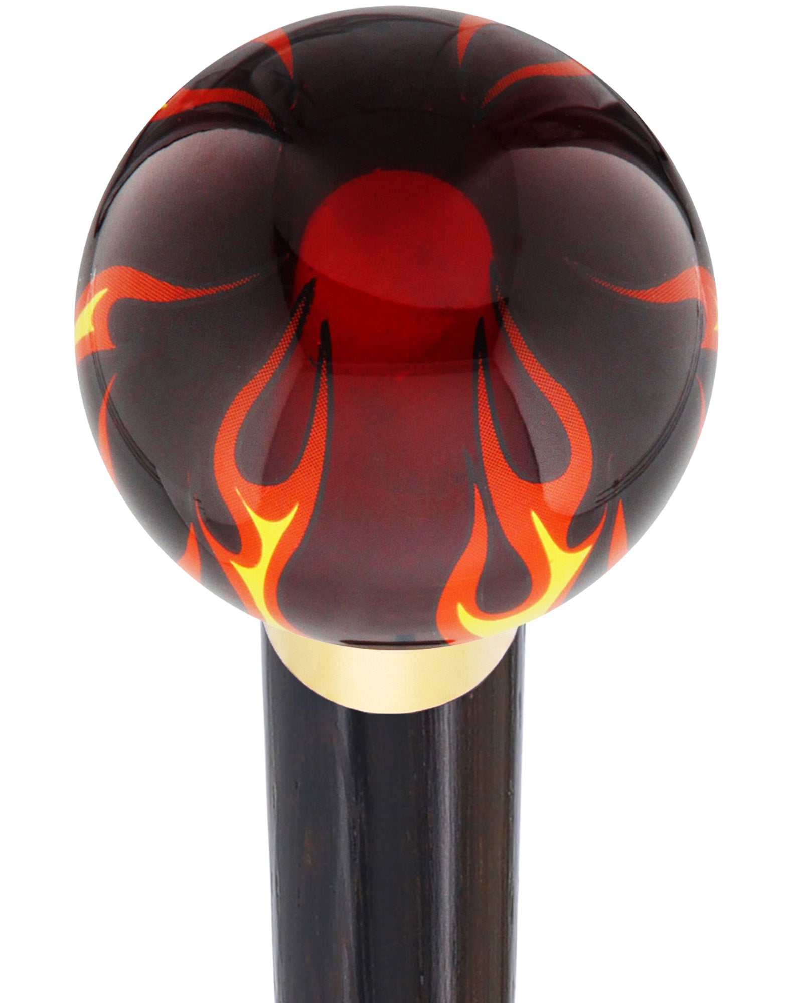 Burst of Flames Red Transparent Round Knob Cane w/ Custom Wood Shaft & Collar
