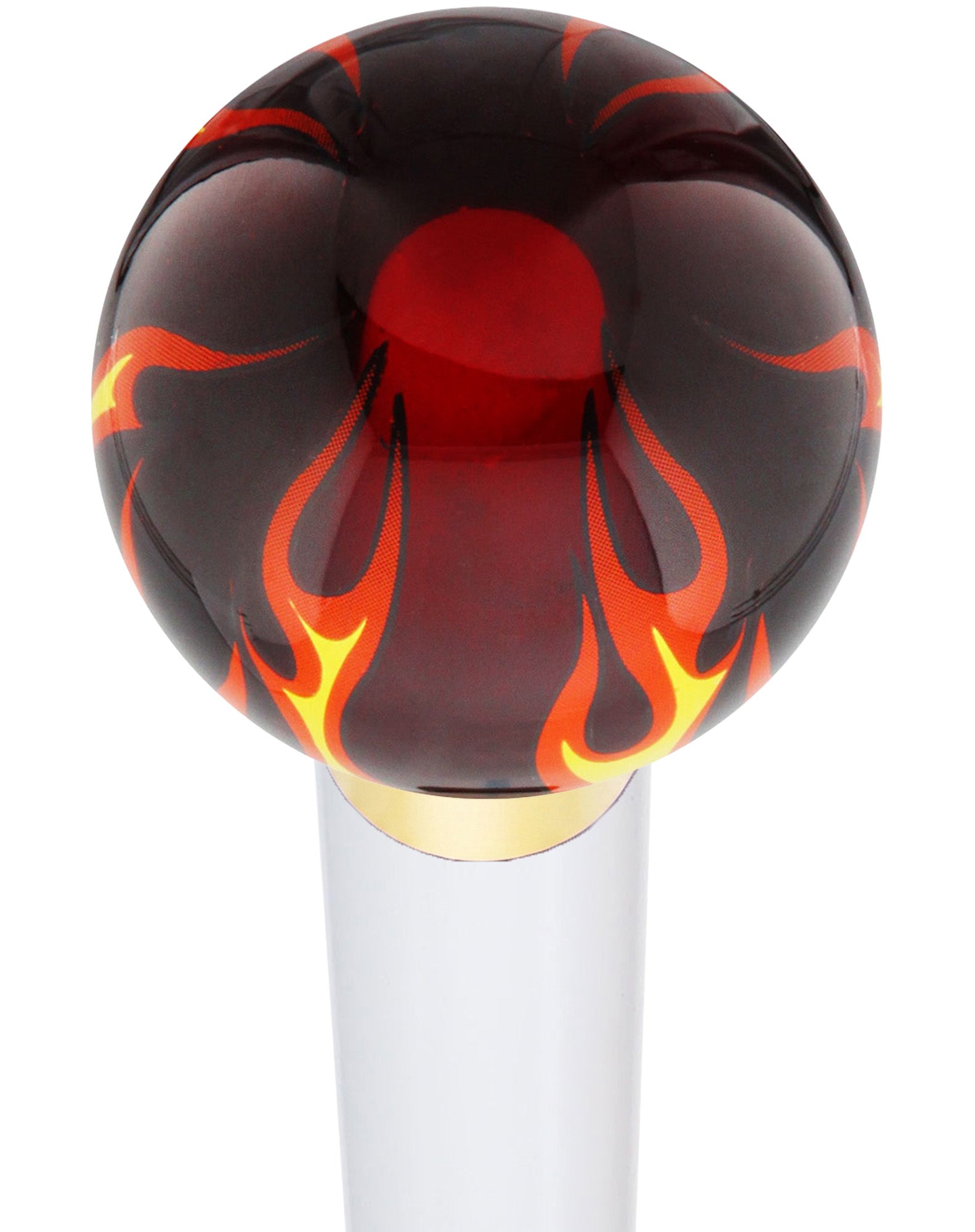 Burst of Flames Red Transparent Round Knob Cane w/ Custom Wood Shaft & Collar