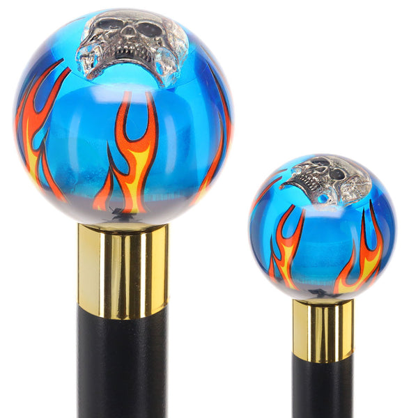 Blue Flame with Skull Round Knob Cane w/ Custom Wood Shaft & Collar