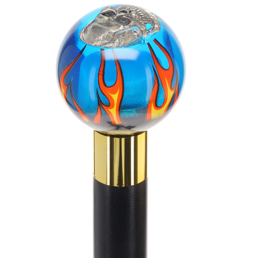 Blue Flame with Skull Round Knob Cane w/ Custom Wood Shaft & Collar