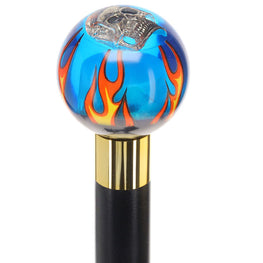 Blue Flame with Skull Round Knob Cane w/ Custom Wood Shaft & Collar