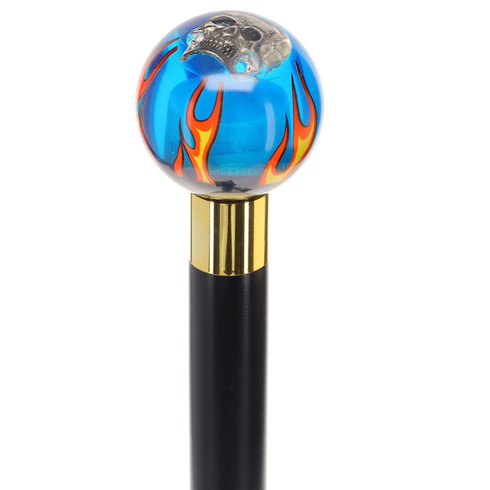 Blue Flame with Skull Round Knob Cane w/ Custom Color Ash Shaft & Collar