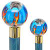 Blue Flame with Skull Round Knob Cane w/ Custom Color Ash Shaft & Collar