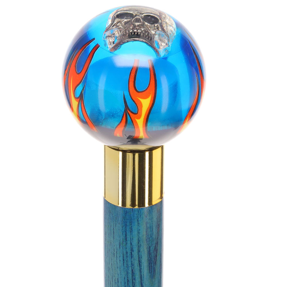 Blue Flame with Skull Round Knob Cane w/ Custom Color Ash Shaft & Collar
