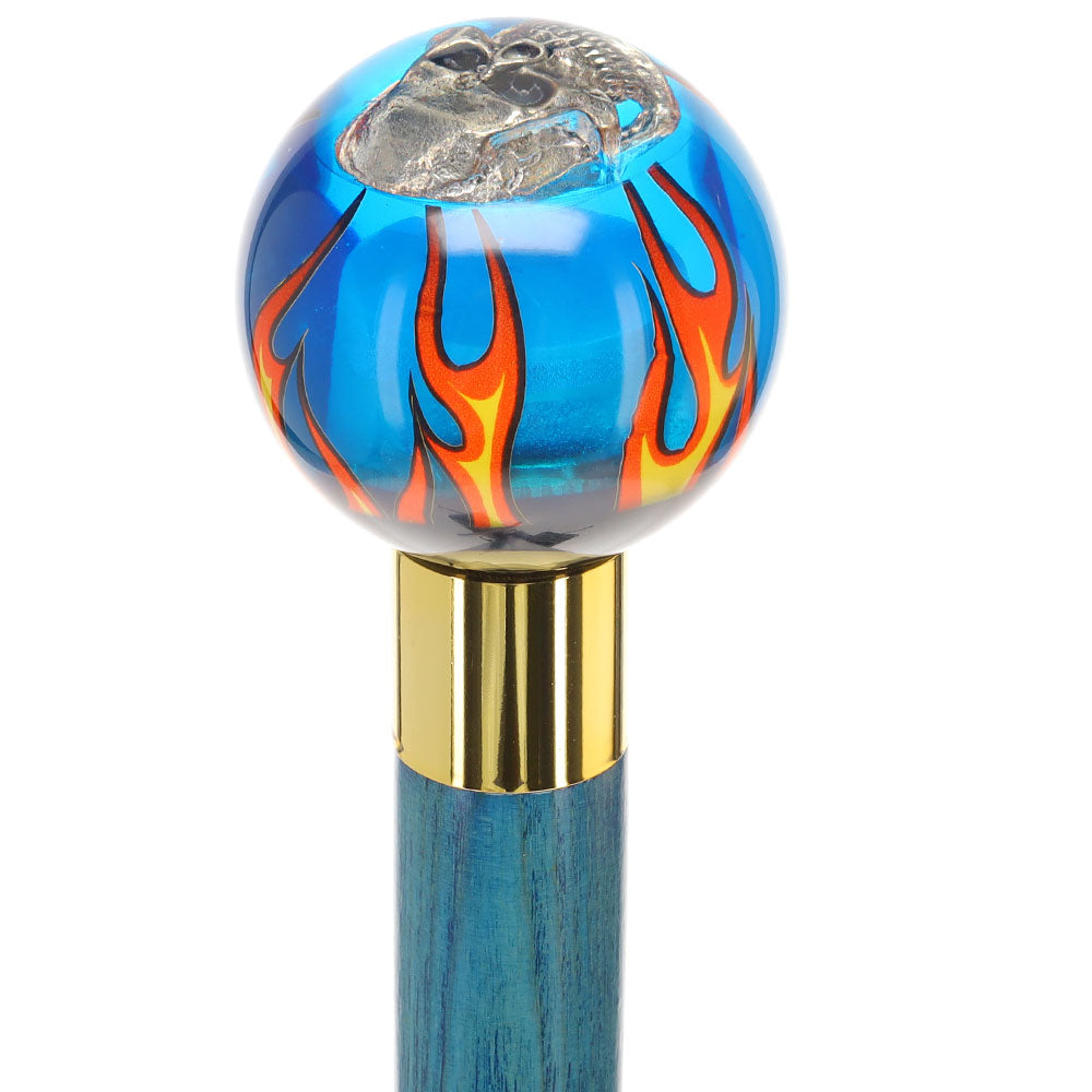 Blue Flame with Skull Round Knob Cane w/ Custom Color Ash Shaft & Collar
