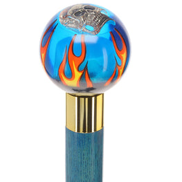 Blue Flame with Skull Round Knob Cane w/ Custom Color Ash Shaft & Collar