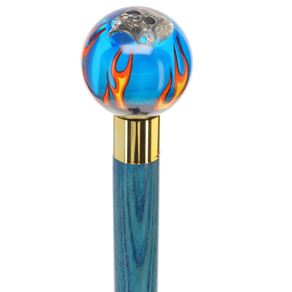 Blue Flame with Skull Round Knob Cane w/ Custom Color Ash Shaft & Collar