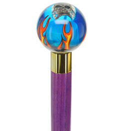 Blue Flame with Skull Round Knob Cane w/ Custom Color Ash Shaft & Collar