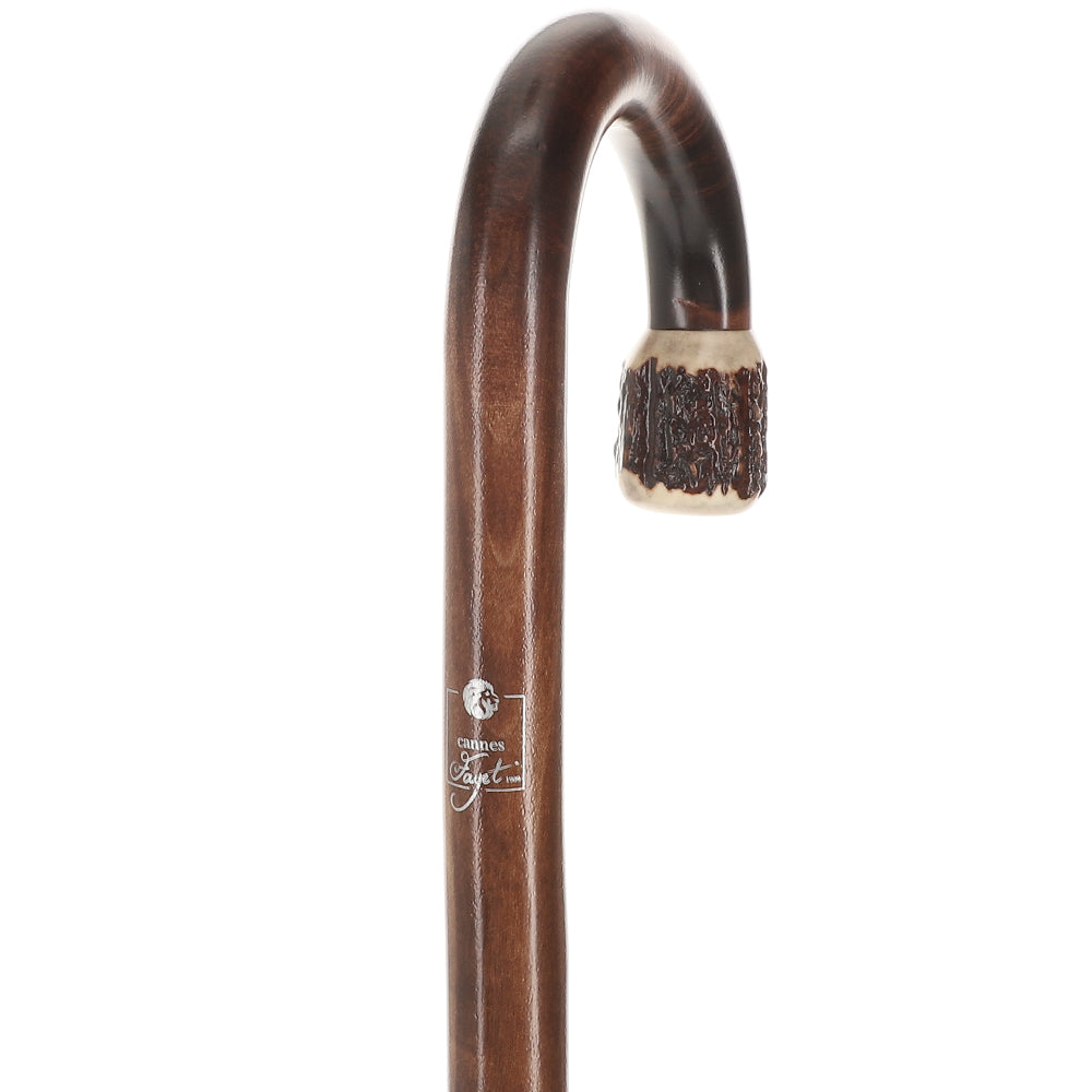 French Stag Horn Tourist Walking Cane: Dark Maple Shaft