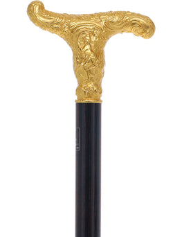 14 K Gold Plate Antique Reproduction T Handle Walking Cane With Stamina Wood Shaft