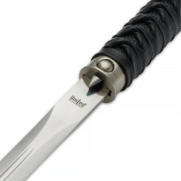 Shikoto Shinshi Sword Cane - Damascus Steel Blade, Black Knob Wooden Handle, Leather-Wrapped Grip