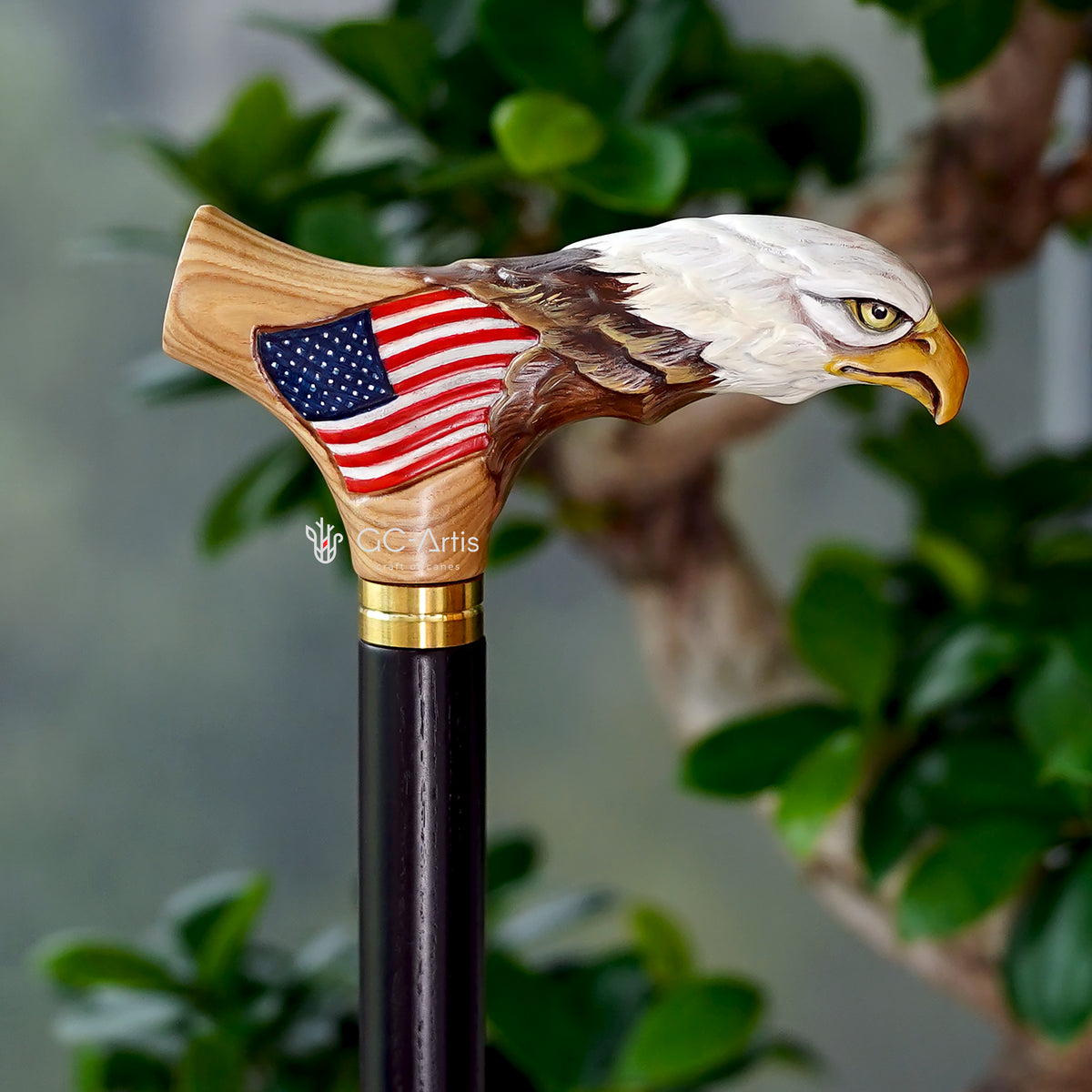 USA Bald Eagle Patriotic Handcarved Cane - Light Wood (ash)