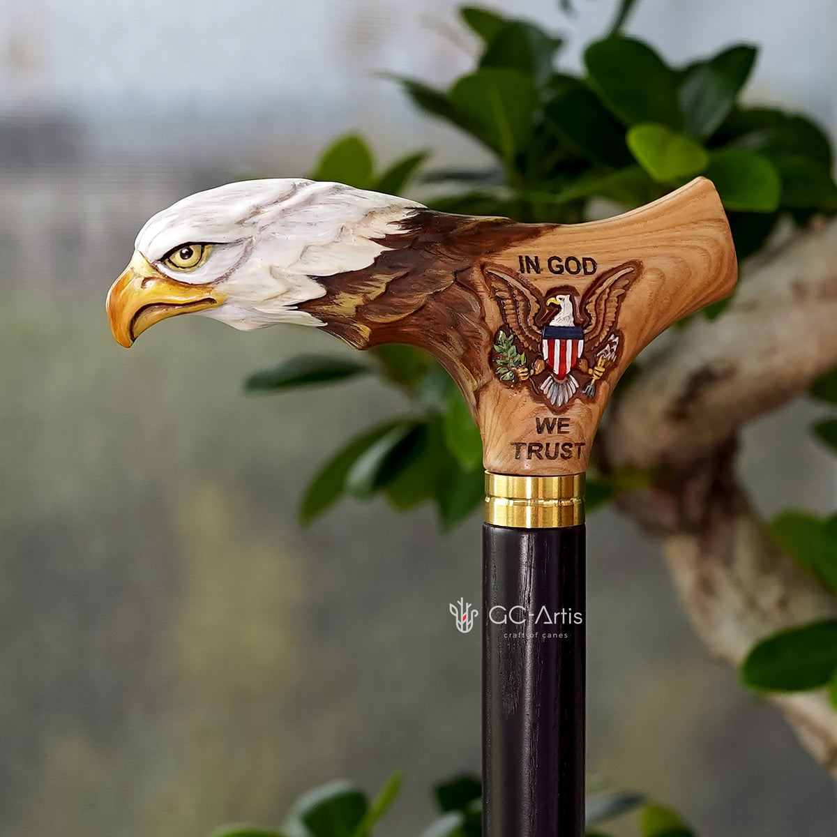 USA Bald Eagle Patriotic Handcarved Cane - Light Wood (ash)