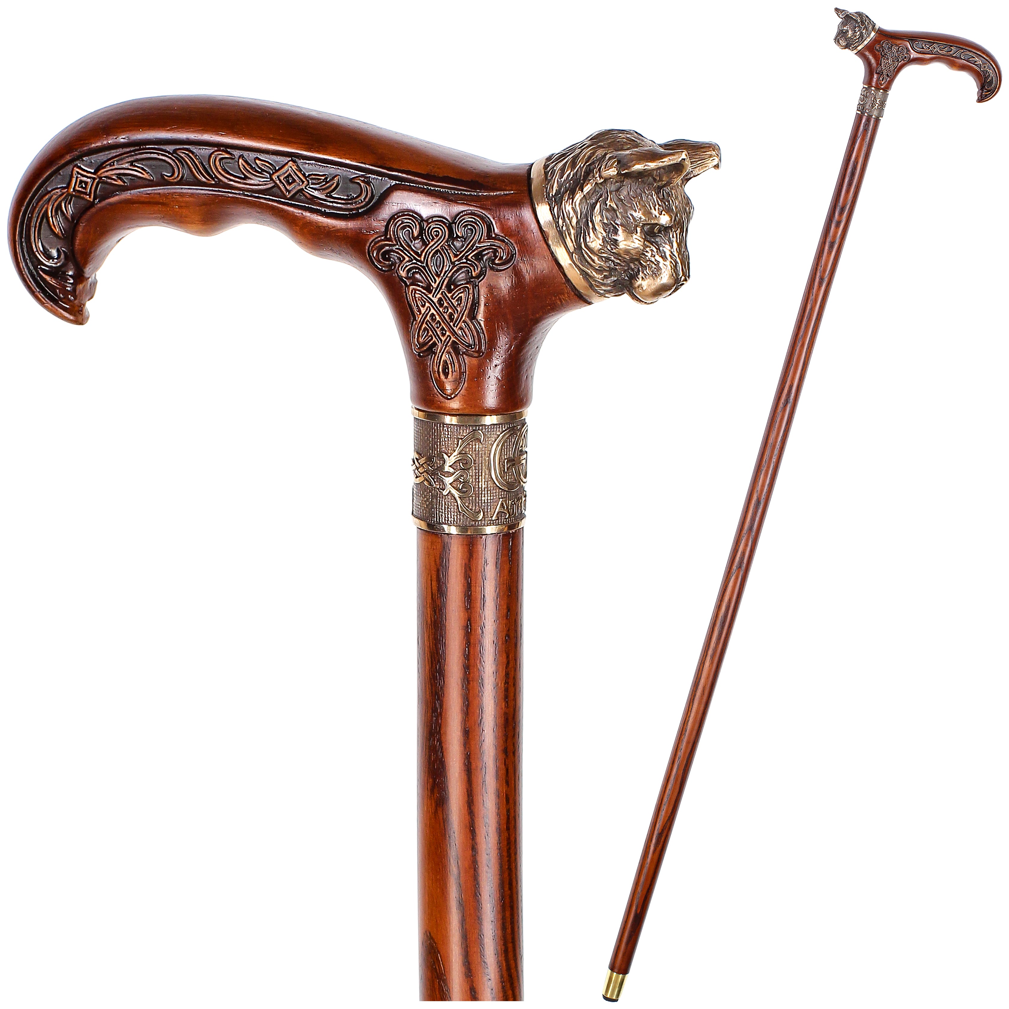 Mystical Cat with Bronze Head: Handcarved Cane with Collar