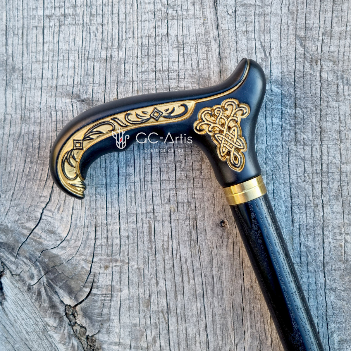 Handcarved Celtic Art : Oak Wood Cane Derby Handle Black Version