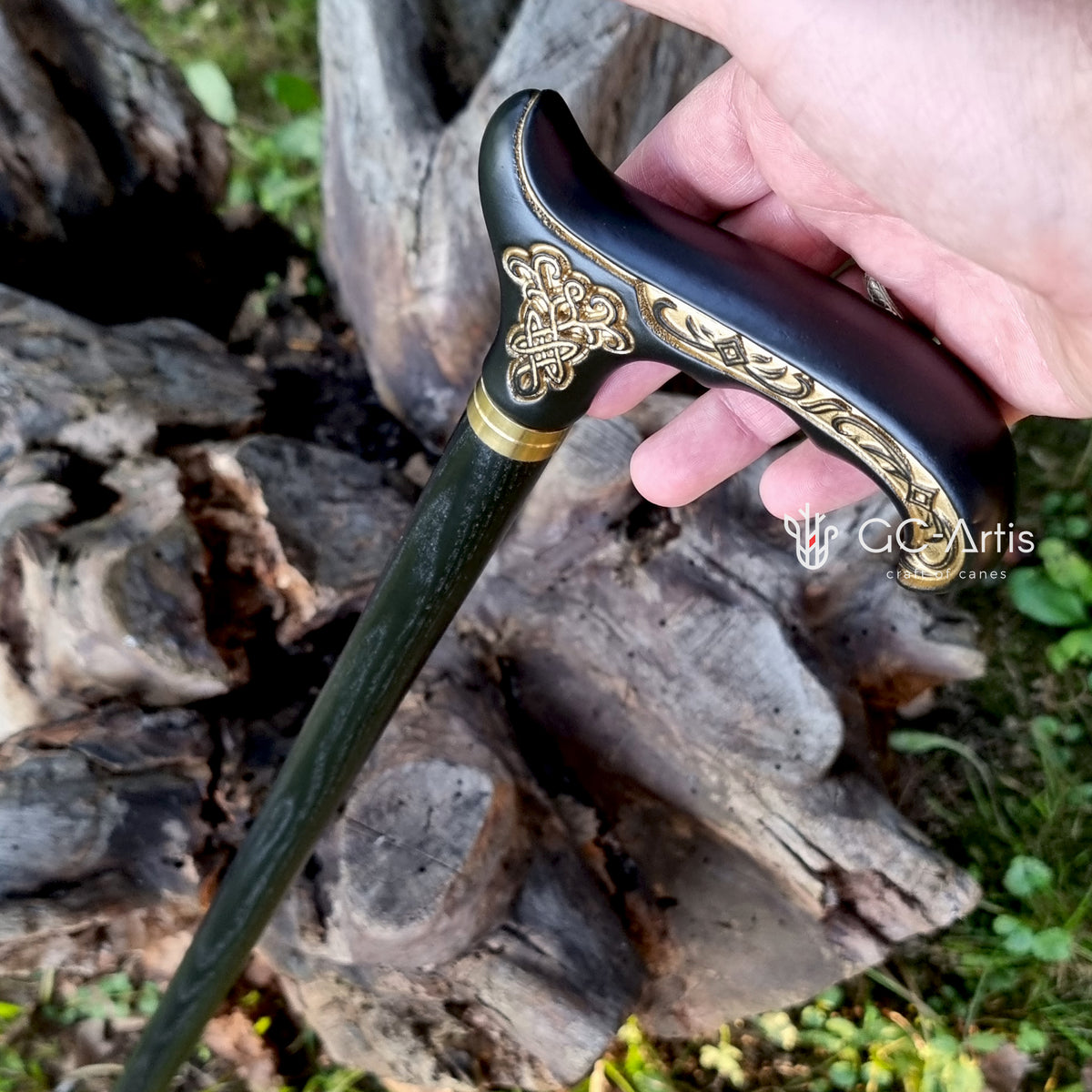Handcarved Celtic Art : Oak Wood Cane Derby Handle Black Version