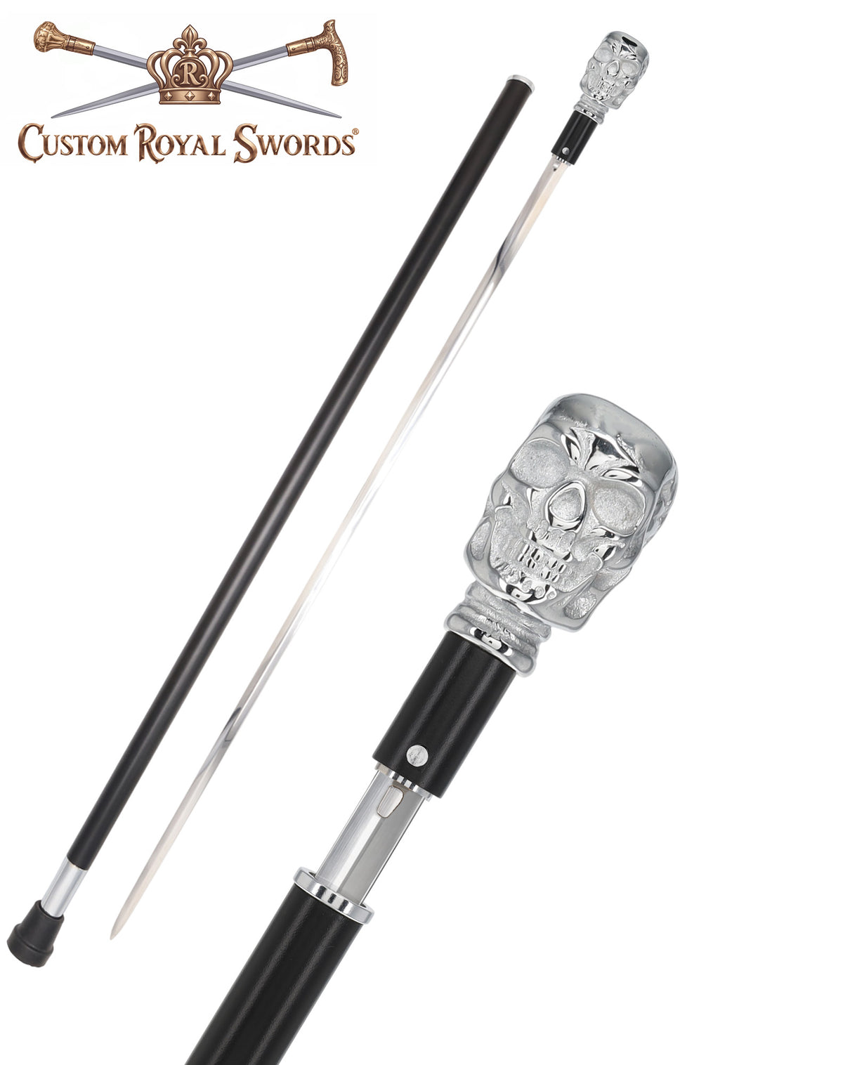 Custom RC Swords Chrome Skull Handle Sword Cane – Black Metal Shaft, 29" Blade